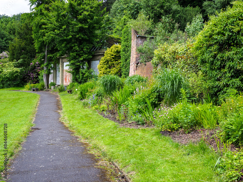 Charming garden path surrounded by lush greenery and rustic brick walls, ideal for a serene walk. Charming garden path surrounded by lush greenery and rustic brick walls, ideal for a serene walk.