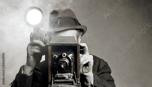 1940's 1930's style portrait of photojournalist. Headshot : Man looking and holding a vintage camera with magnesium flash. Black, White shot of a retro 1940's photographer wearing a Fedora hat photo