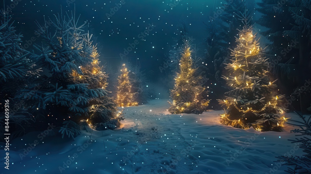 Obraz premium illuminated christmas tree forest with twinkling lights on snowy night festive holiday decorations