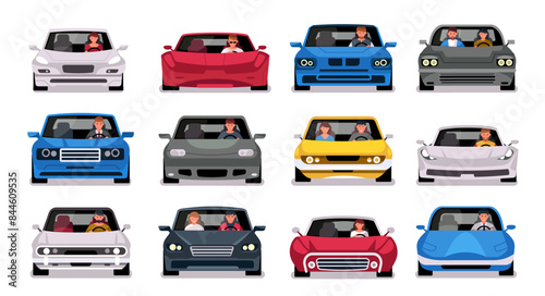 People in cars front view. Cartoon characters ride in different cars, family trip, man and woman driving in car, flat car transportation illustration. Different modern automobiles with passengers