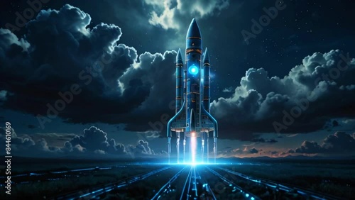 A rocket ship is taking off from a launch pad. The rocket is mostly blue and white and there are clouds and stars in the background.