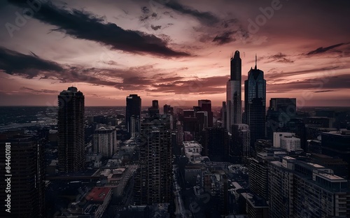 An unconventional urban landscape, displaying a lilac sky and a plethora of structures. The urban environment is depicted with diverse designs and building heights.