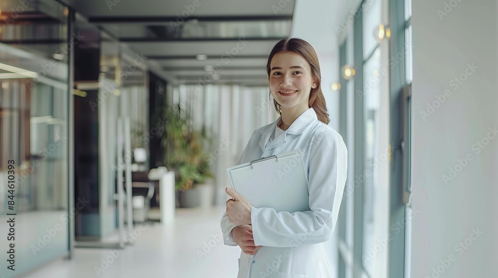 Young Female Doctor in Modern Medical Office Holding Clipboard and Smiling Confidently, Professional Healthcare Worker in White Coat, Bright and Clean Hospital Environment Young Female Doctor in Modern Medical Office Holding Clipboard and Smiling Confidently, Professional Healthcare Worker in White Coat, Bright and Clean Hospital Environment
