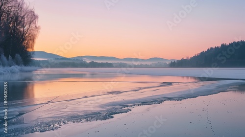 Dawn breaks over a frozen lake  ice reflecting pink and orange hues   a serene start to the day.