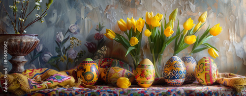 A beautiful Easter with painted eggs  yellow tulips and shawl on the table