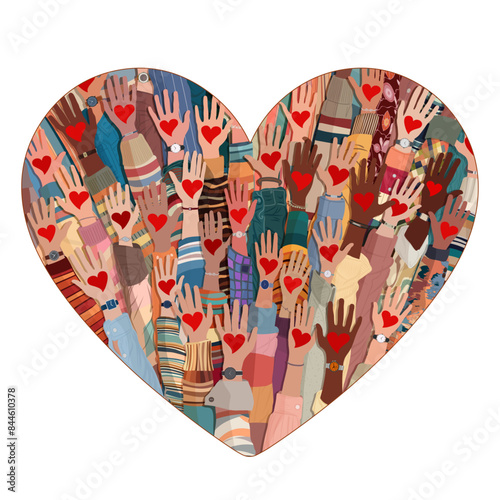 Shape of a heart containing many raised hands of volunteer multicultural people holding a heart.Charity and solidarity donation. Community of volunteers. Voluntary concept. NGO. Aid