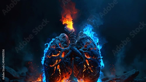 video a pair of realistic, blue-veined lungs on fire, with flames licking up from the bottom and a large burst of flame coming out of the top. The background is dark with smoke or fog. photo
