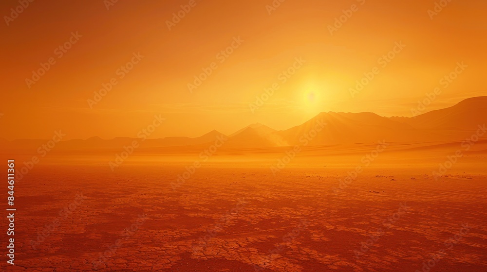 Serene Desert Landscape with Orange Sky and Foggy Sand Dunes in Background Serene Desert Landscape with Orange Sky and Foggy Sand Dunes in Background