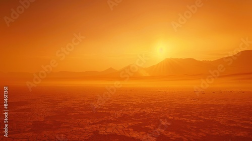 Serene Desert Landscape with Orange Sky and Foggy Sand Dunes in Background