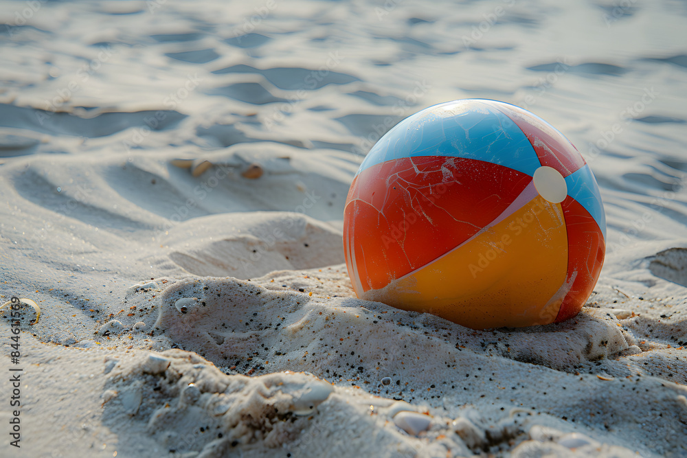 A detailed photo of a beach ball partially buried in the sand, capturing the vibrant colors and textures of the sand grains sticking to it A detailed photo of a beach ball partially buried in the sand, capturing the vibrant colors and textures of the sand grains sticking to it