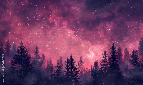 Starry clear night sky. Mixed media, Silhouette Trees Against Sky At Night with colorful galaxy in background