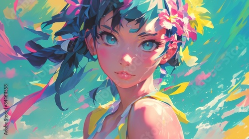 Anime Girl with Flowers in Her Hair