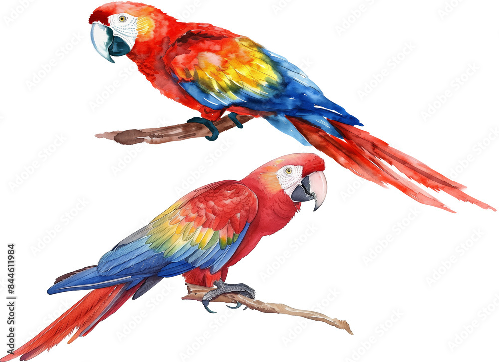 Obraz premium A watercolor drawing of two vibrant parrots with colorful feathers, perched gracefully on branches against a white background