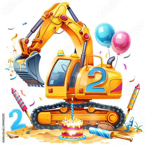 Excavator with birthday colors number 2, generative ai
