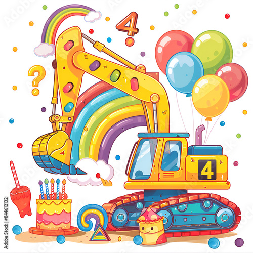 Excavator with birthday colors number 4, generative ai
