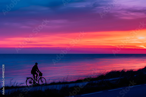 A vibrant photo of a person riding a bicycle along a coastal path at sunset, with the sea and sky in vibrant hues 