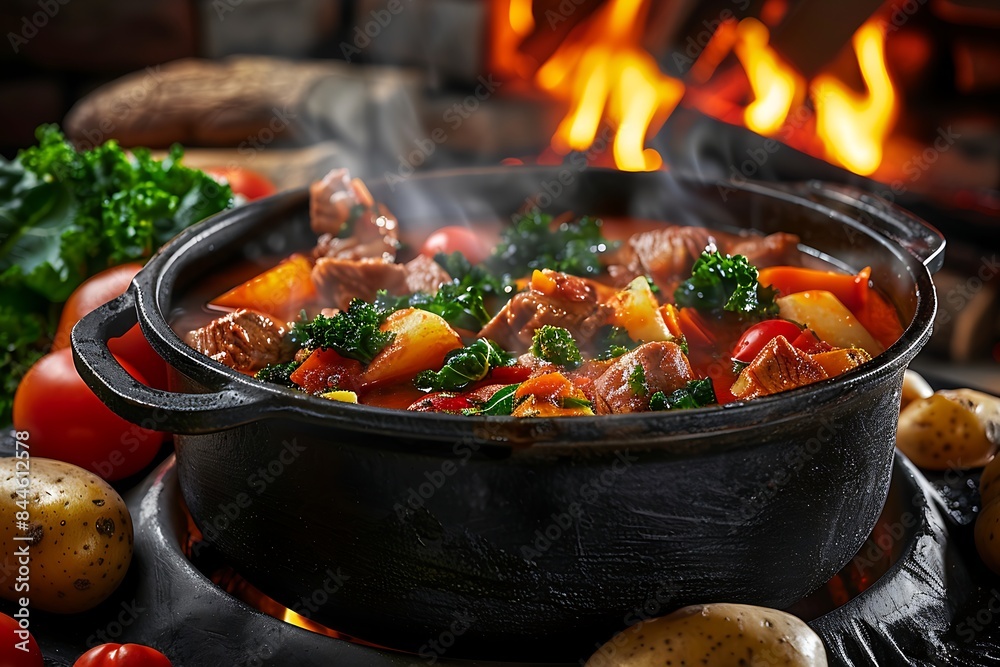 Rustic Homemade Hearty Stew Cooking over Open Flame Rustic Homemade Hearty Stew Cooking over Open Flame