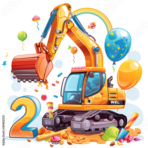 Excavator with birthday colors number 2, generative ai