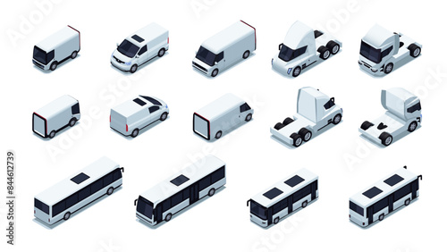 Isometric trucks back and front. Semi-trailer cargo vehicle with container, side and front projections. Heavy transport flat style vector set. Public transport, rental and leasing company