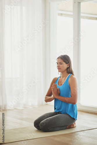 Woman, meditation and namaste pose for peace, calm and holistic wellness with zen, health and spiritual healing. Person on floor or yoga mat in praying hands for mindfulness, faith and chakra at home Free Download Woman, meditation and namaste pose for peace, calm and holistic wellness with zen, health and spiritual healing. Person on floor or yoga mat in praying hands for mindfulness, faith and chakra at home - GFXLoad