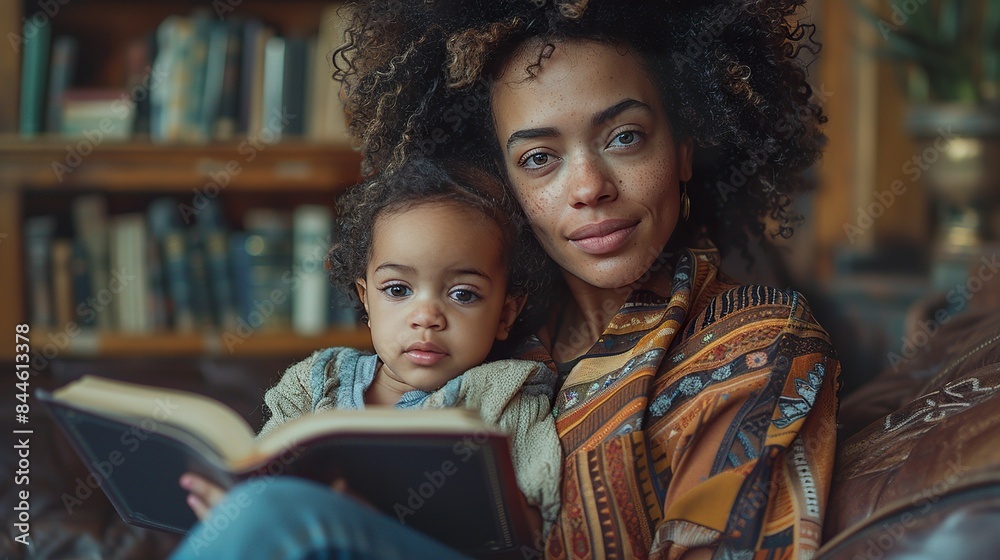 Obraz premium Mother and Child Reading Book at Home