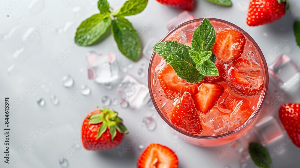 Aerial View of Refreshing Strawberry Lemonade with Mint and Ice Cubes Grey Background Aerial View of Refreshing Strawberry Lemonade with Mint and Ice Cubes Grey Background