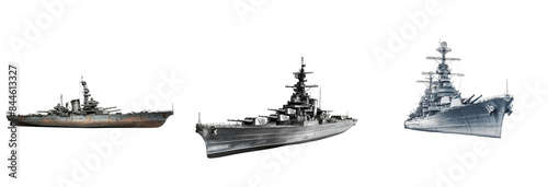 battleship isolated on transparent png background. Three ships are shown in a row, with the middle one being the largest photo