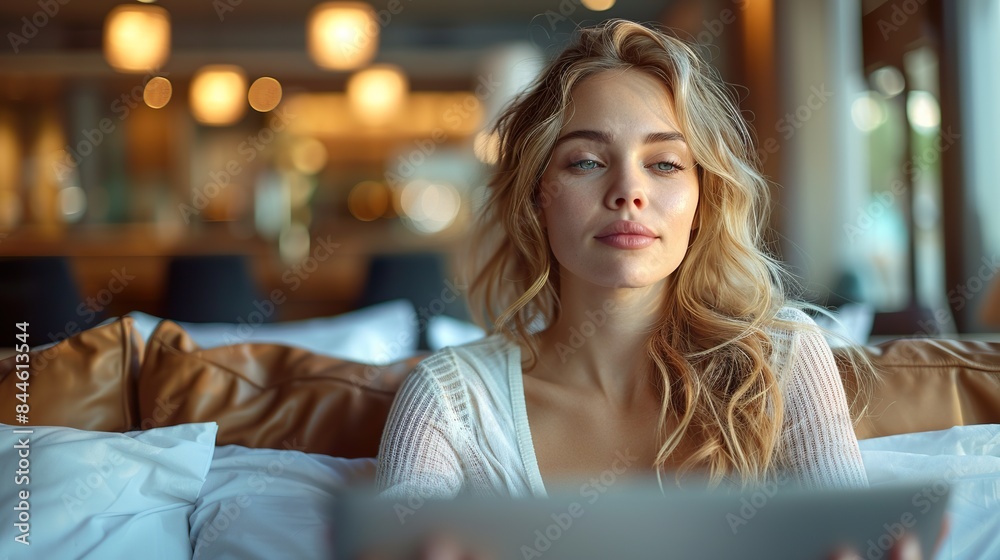 Relaxed Woman with Laptop in Cozy Home Interior Relaxed Woman with Laptop in Cozy Home Interior