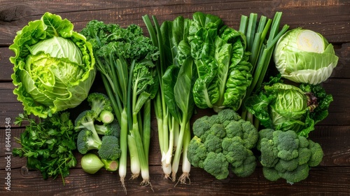 Fresh green vegetables laid out on a dark wooden surface. Ideal for healthy eating concepts and organic food themes. Great for recipe blogs or nutritional websites. AI photo
