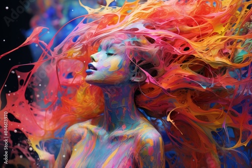 Abstract image of a woman with vibrant paint splashes on a dark background © juliars