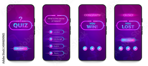 Mobile quiz game interface. Questionnaire template with multiple choice questions, exam test and evaluation app layout. Vector infographic design