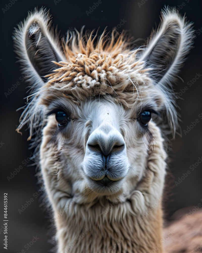 Obraz premium Cute lama face macro shot. Detailed close up portrait of llama fluffy head. Life of pets on farm. Banner for veterinary help. Pet care, animals concept background, poster, print, design card, flyer