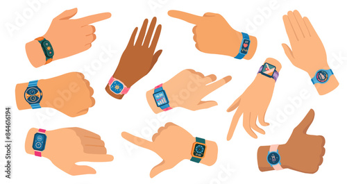 Smart watch on hands. Modern smartwatch on man wrist, wearable technology concept, person wearing smart watch with app interface. Vector illustration