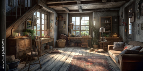 Cozy interior of living room in a house in Rustic style. © tynza