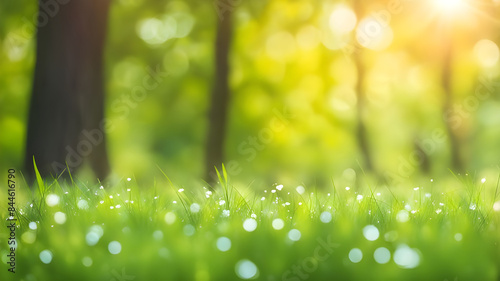 Beautiful green grass blur bokeh nature tree background, Natural green leaves using as cover page greenery environment ecology background