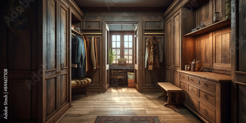 Wardrobe interior with wooden furniture in a Rustic style house.