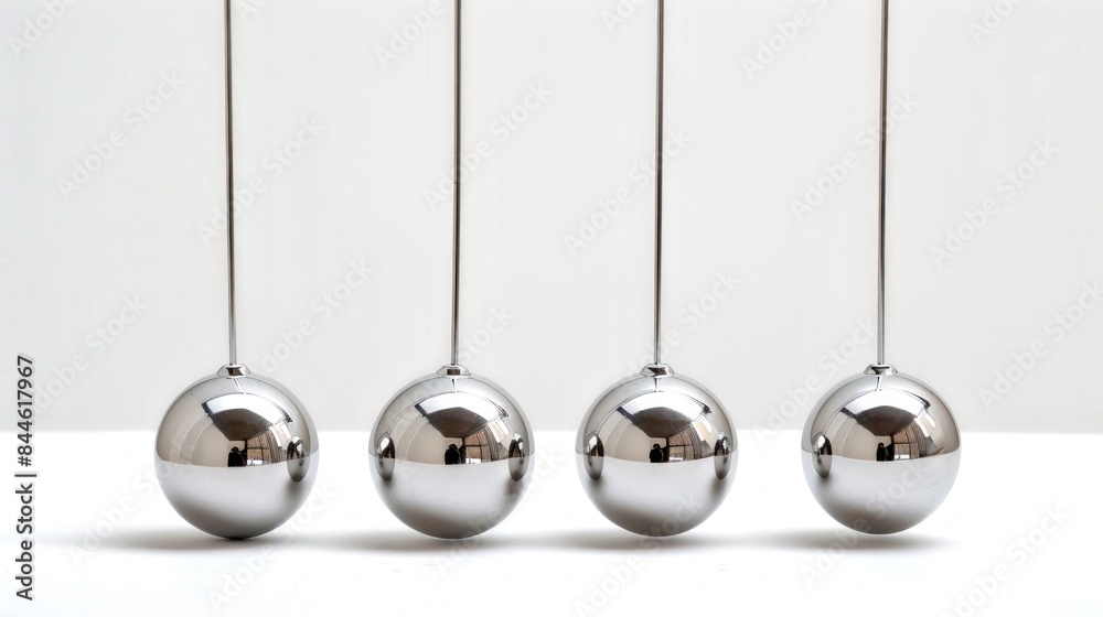 Close-up of Four Metal Spheres Hanging on Threads Likely Representing a Newton's Cradle in Minimalist Setting. Modern Art. Conceptual Physics Representation. Simple Composition. AI Close-up of Four Metal Spheres Hanging on Threads Likely Representing a Newton's Cradle in Minimalist Setting. Modern Art. Conceptual Physics Representation. Simple Composition. AI