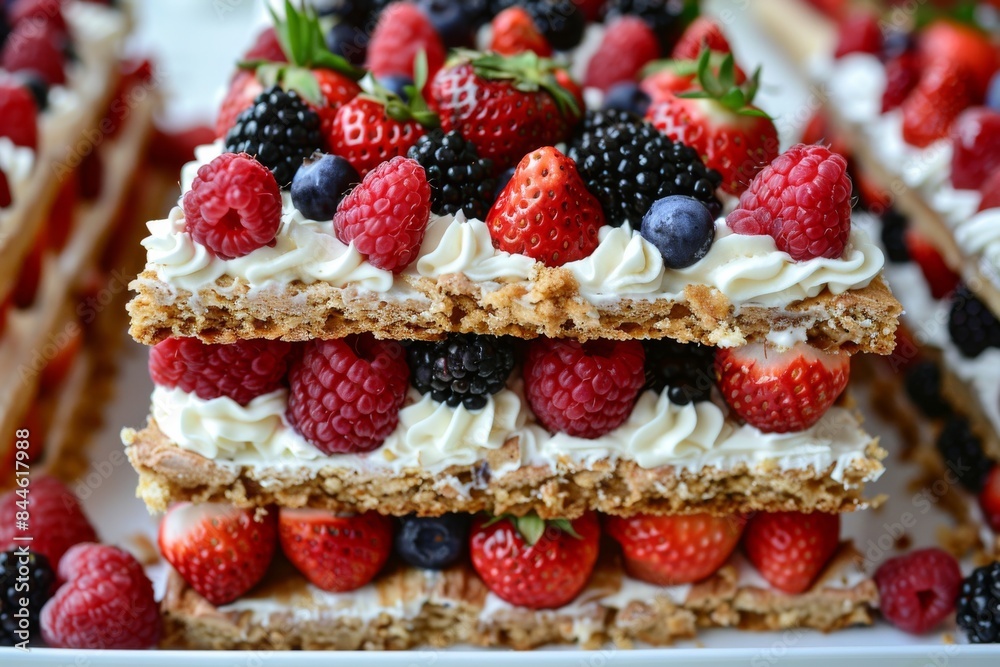 Fresh fruit and cream cake with assorted berries, including strawberries, blueberries, and raspberries, food photography, vibrant and delicious dessert option, perfect for celebrations Fresh fruit and cream cake with assorted berries, including strawberries, blueberries, and raspberries, food photography, vibrant and delicious dessert option, perfect for celebrations