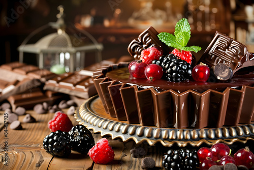 Chocolate cake with luxurious berry and mint decorations  lying on a vintage-style wooden table