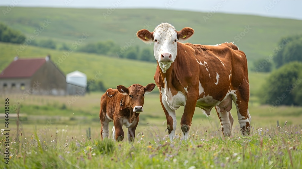 A cow and her young calf standing together in a lush,green meadow against the backdrop of a traditional farmhouse. The peaceful. A cow and her young calf standing together in a lush,green meadow against the backdrop of a traditional farmhouse. The peaceful.