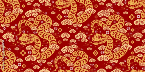 Seamless pattern happy chinese new year 2025 the snake zodiac sign with asian elements paper cut style on color background. ( Translation : happy new year 2024 year of the snake )

