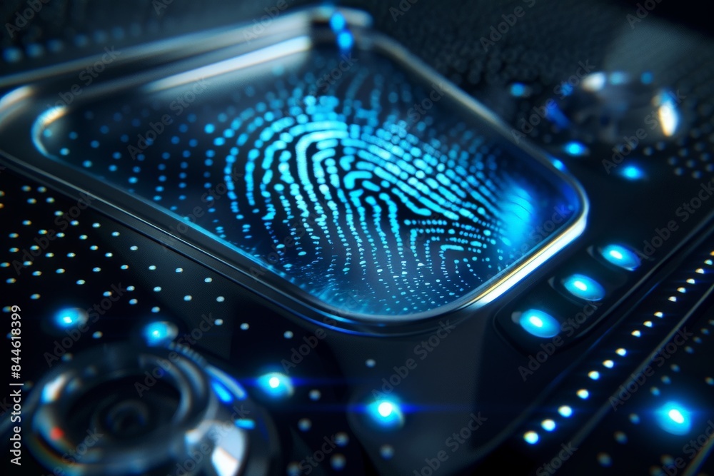 A glowing blue fingerprint scan on a futuristic device. The scan is surrounded by a black background with blue dots. The scan represents security and technology. A glowing blue fingerprint scan on a futuristic device. The scan is surrounded by a black background with blue dots. The scan represents security and technology.