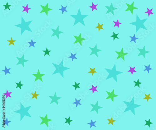 Various colored stars on a mint green background.