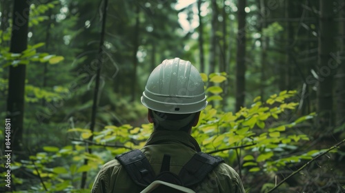 Forester operates within the woodland A forest engineer wearing a white helmet