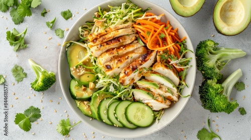 Healthy grilled chicken bowl with fresh vegetables. A balanced meal for lunch or dinner. Vibrant colors and delicious taste. Ideal for healthy eating and nutrition. High quality food photography. AI photo