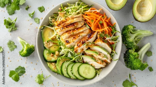 Fototapeta Healthy grilled chicken bowl with fresh vegetables. A balanced meal for lunch or dinner. Vibrant colors and delicious taste. Ideal for healthy eating and nutrition. High quality food photography. AI