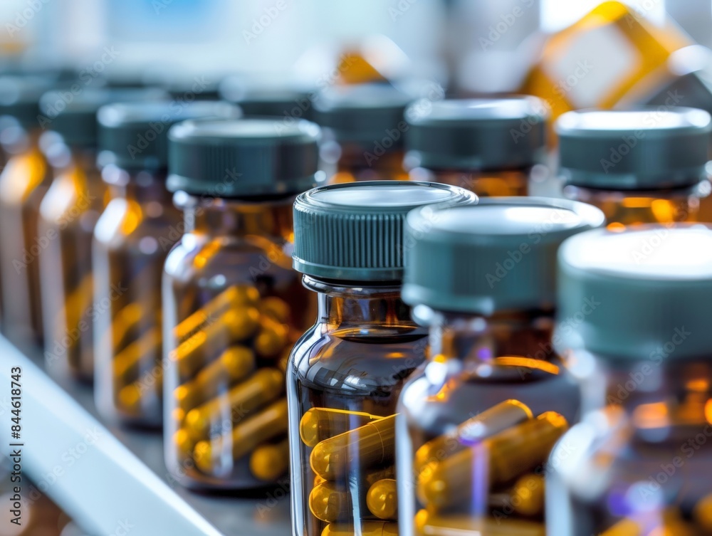 A row of amber glass bottles filled with yellow capsules. A row of amber glass bottles filled with yellow capsules.