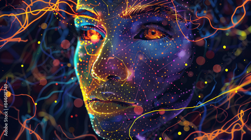 A colorful image of a face with a wealth of details in the form of lines and dots. This abstract art form may seem like a portrait from another reality.