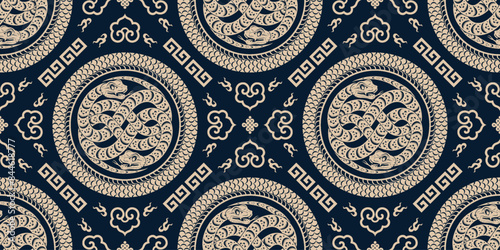 Seamless pattern happy chinese new year 2025 the snake zodiac sign with asian elements paper cut style on color background. ( Translation : happy new year 2024 year of the snake )
