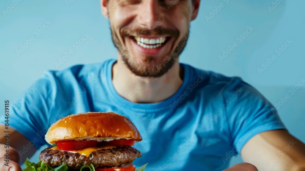 Man in blue shirt smiling broadly at camera with large appetizing burger in his hands. Man in blue shirt smiling broadly at camera with large appetizing burger in his hands.